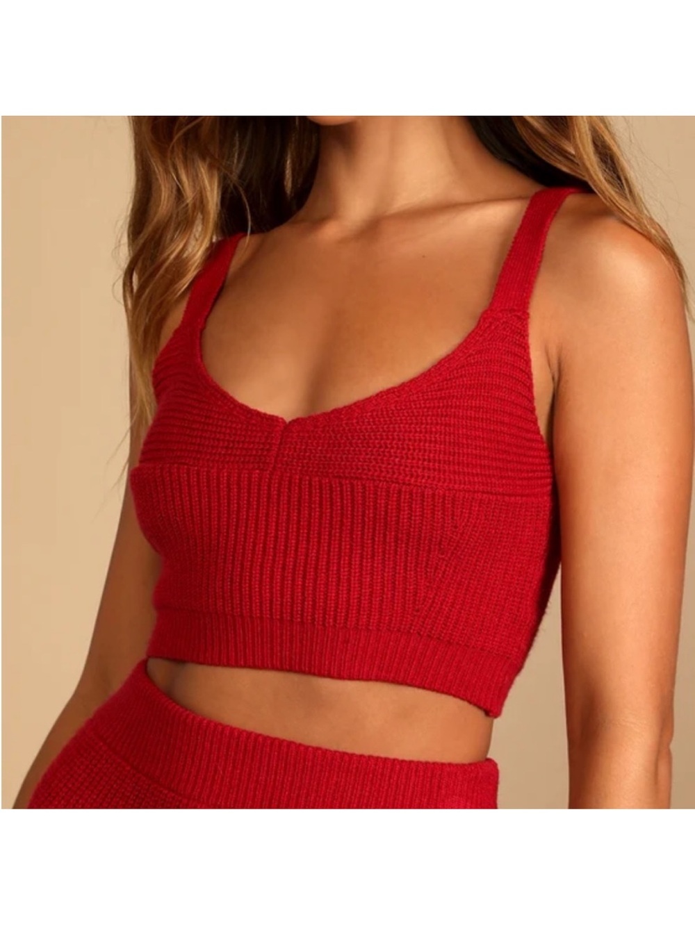Lulu's Red Ribbed Midi Skirt with Front Slit. Skirt L, tops M - Picture 3 of 11